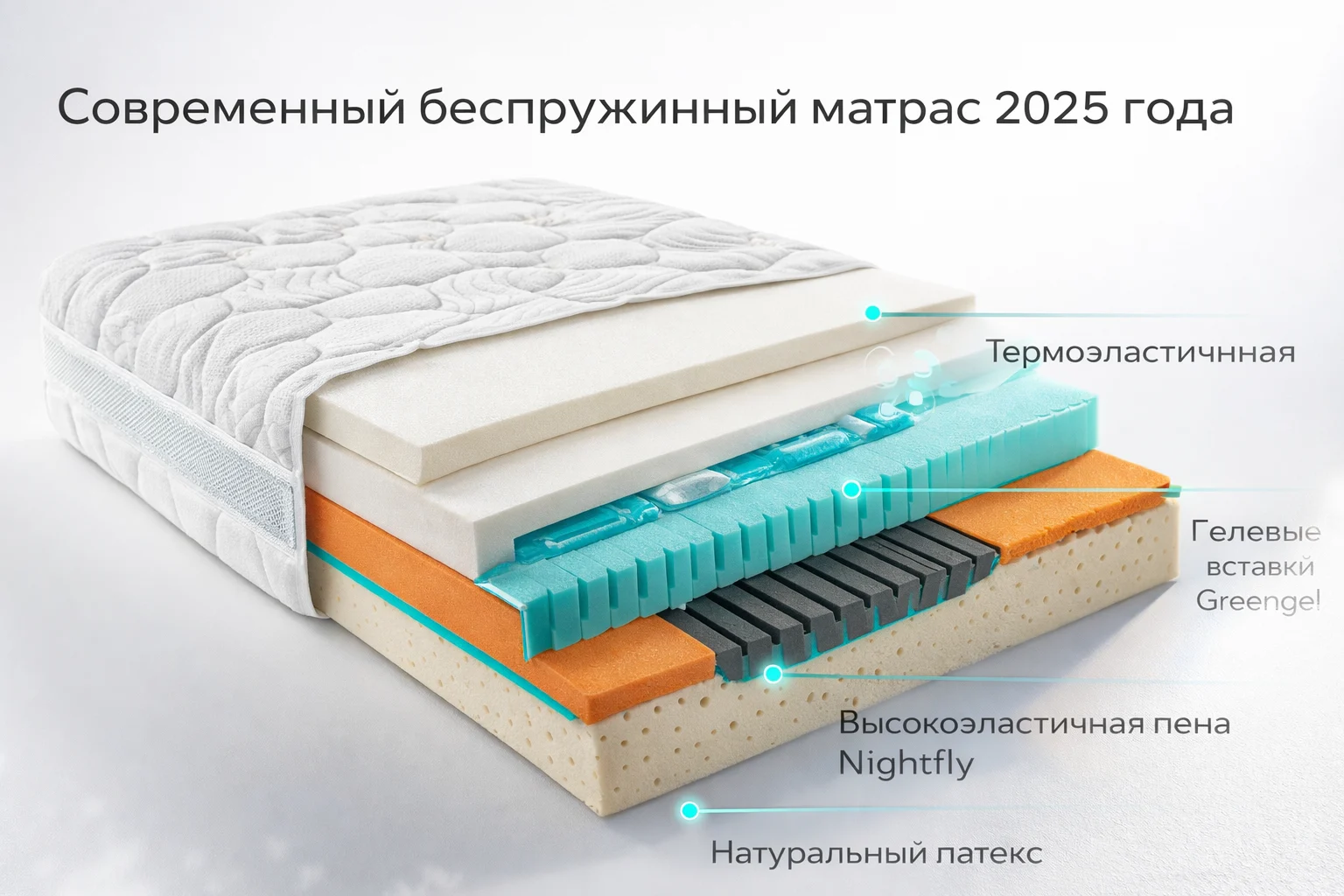 Разрез беспружинного матраса Materasso: слои пены, геля и натурального латекса для максимальной адаптации и гигиены