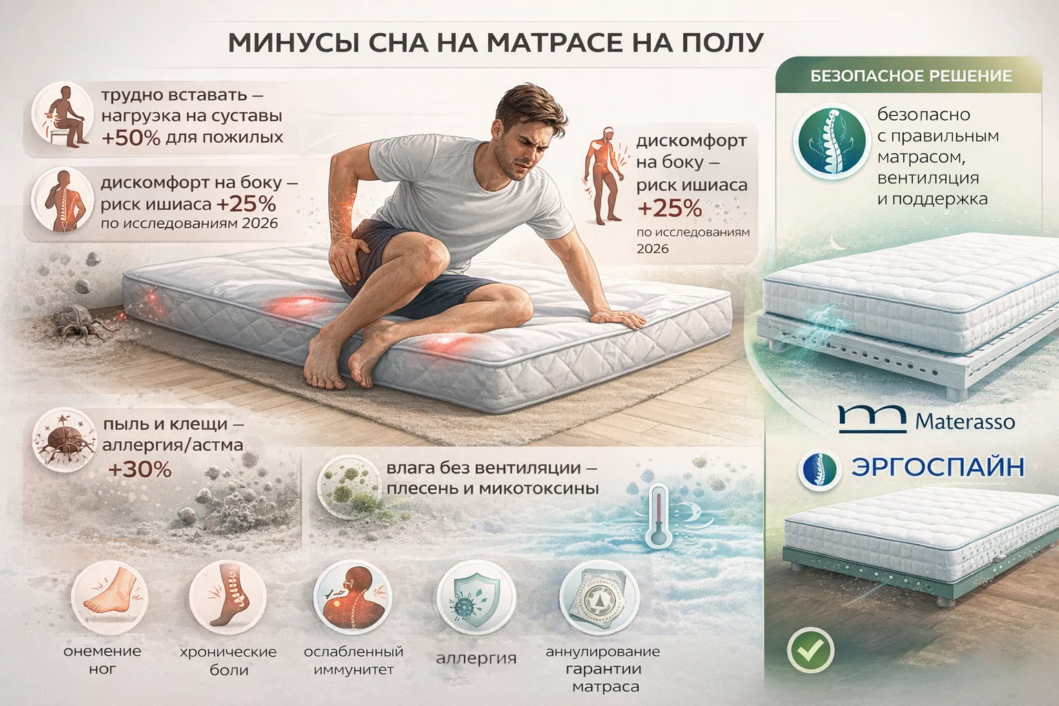 Минусы сна на полу — пыль, плесень, дискомфорт