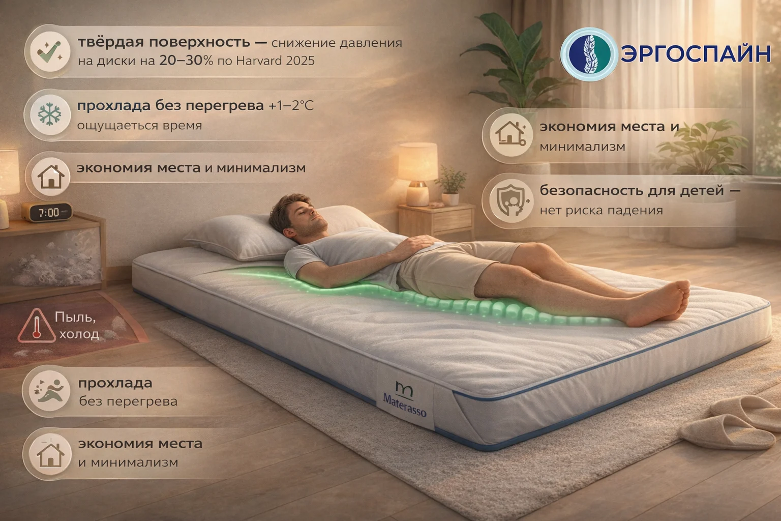 Плюсы сна на полу — твёрдость и прохлада