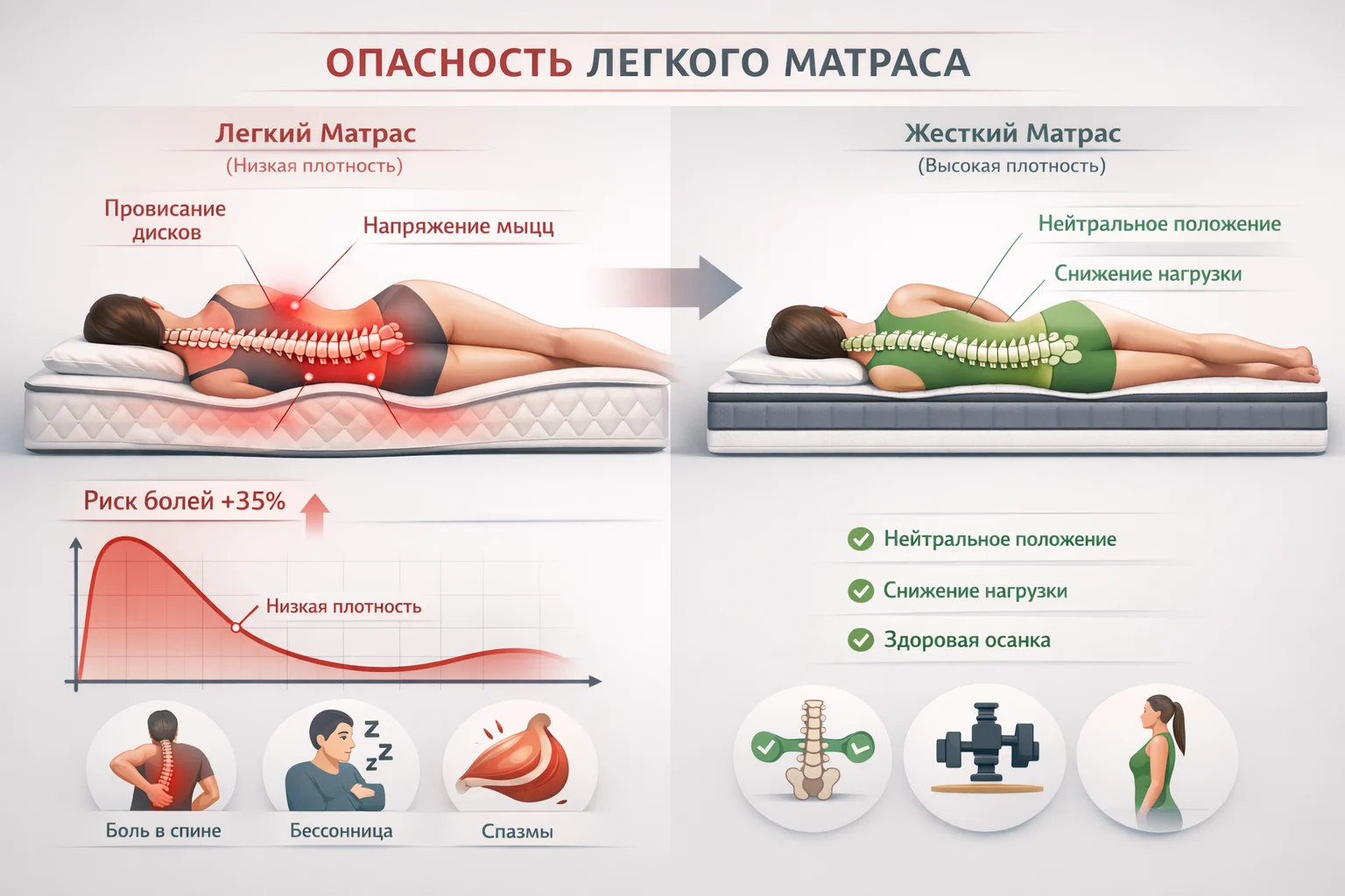 Отсутствие поддержки позвоночника в легких матрасах