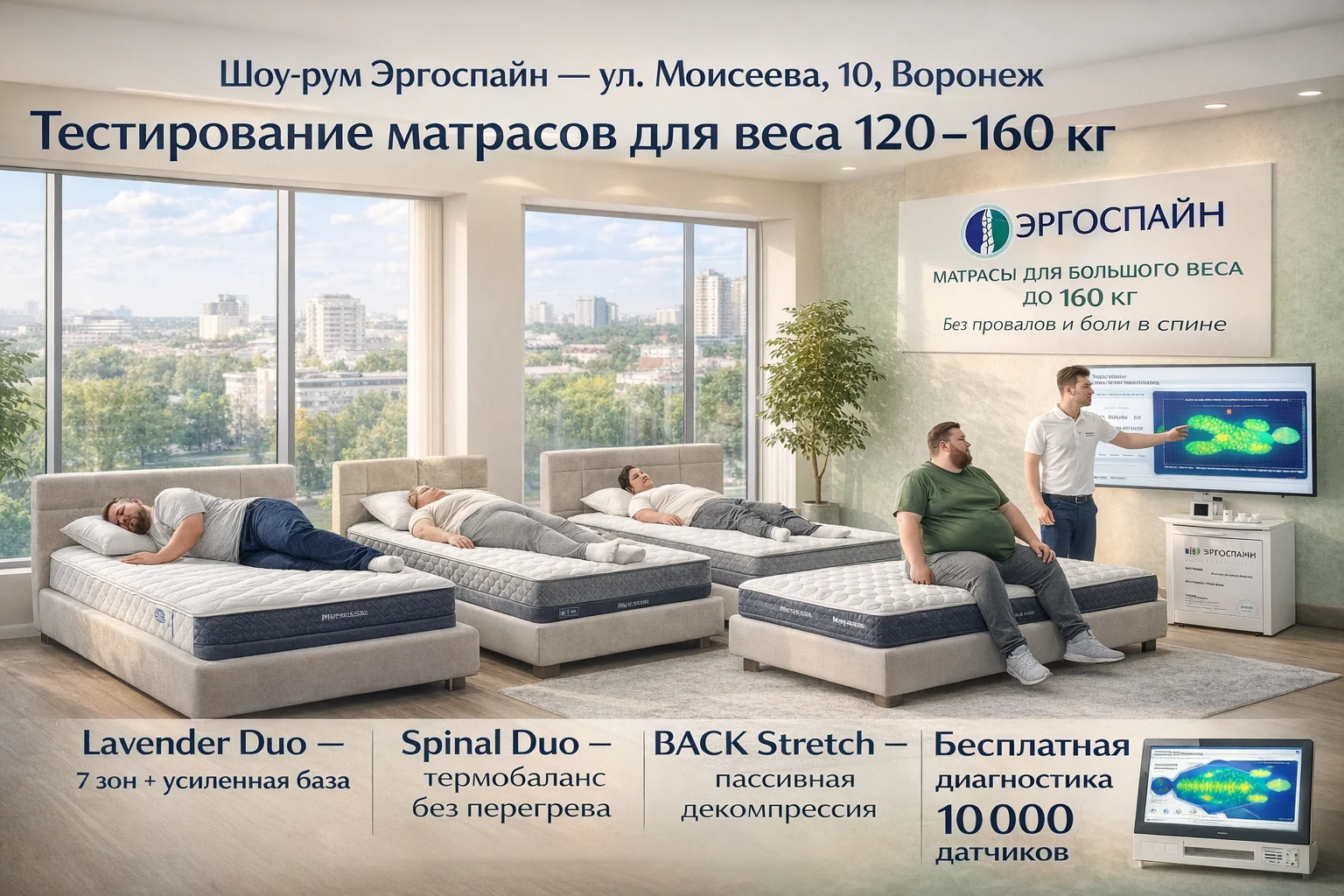 Шоу-рум Эргоспайн в Воронеже — тестирование матрасов для большого веса