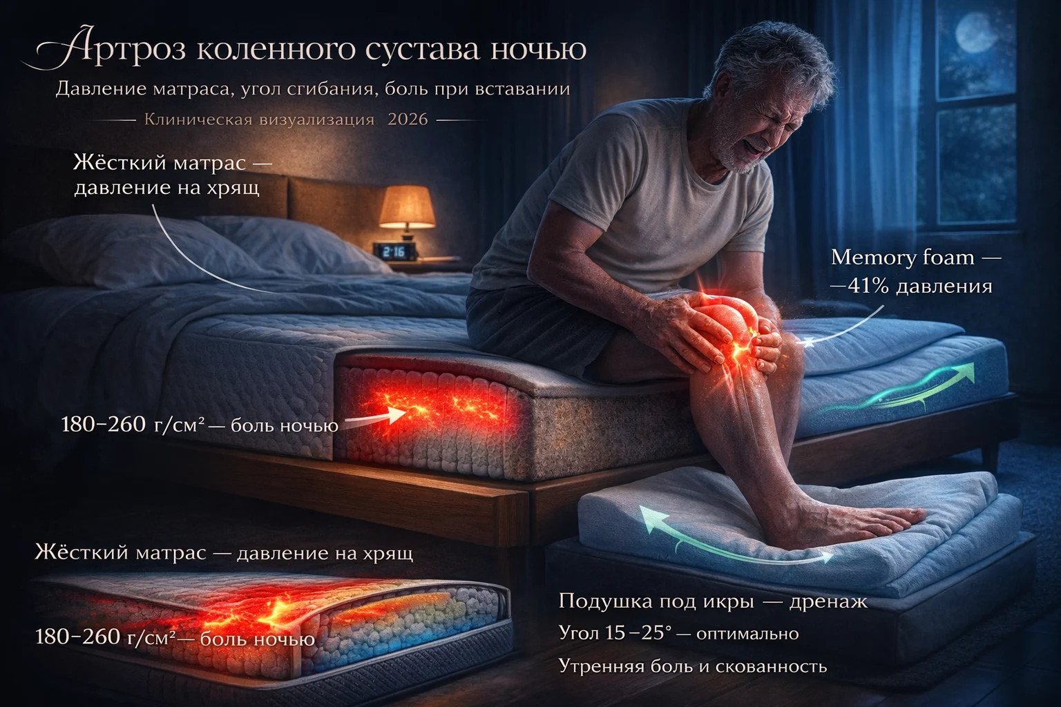 Артроз коленного сустава ночью: давление матраса, угол сгибания, боль при вставании Гонартроз и матрас — давление на медиальный компартмент коленного сустава при боковом сне
