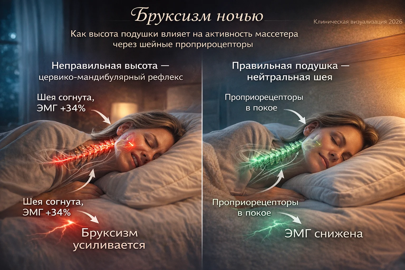 Бруксизм ночью: как высота подушки влияет на активность массетера через шейные проприорецепторы Бруксизм и подушка — цервико-мандибулярный рефлекс, высота подушки и ЭМГ жевательной мышцы
