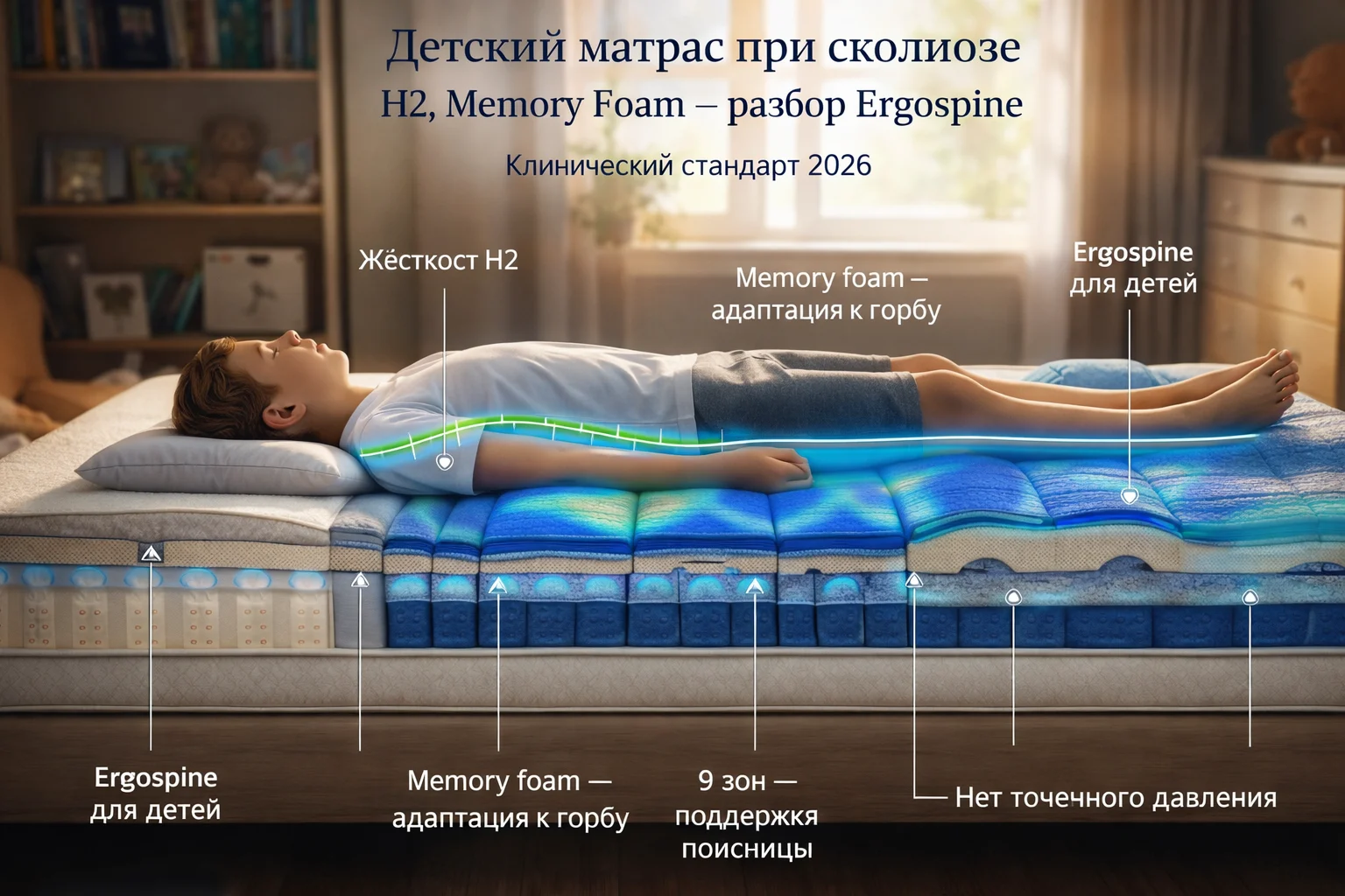 Детский матрас при сколиозе: H2, memory foam, независимые пружины — разбор Ergospine Матрас H2 с memory foam при сколиозе у подростка — адаптация к рёберному горбу, зональная поддержка