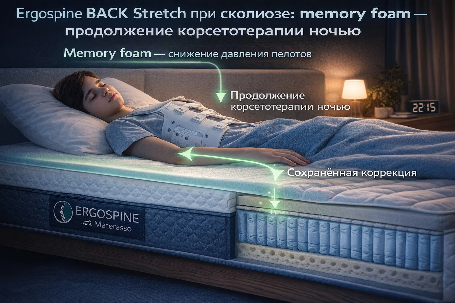 Ergospine BACK Stretch при сколиозе: memory foam + pocket spring — продолжение корсетотерапии ночью Матрас BACK Stretch Ergospine при сколиозе и корсете Шено