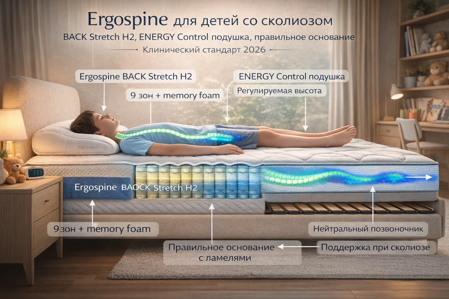 Ergospine для детей со сколиозом: BACK Stretch H2, ENERGY Control подушка, правильное основание Система сна Ergospine при сколиозе у подростка — матрас H2, memory foam, независимые пружины