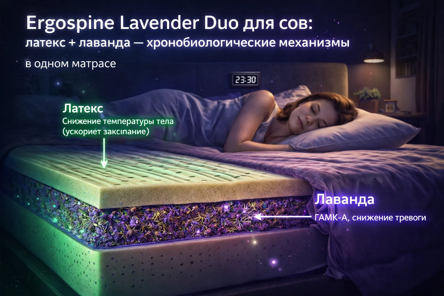 Ergospine Lavender Duo для сов: латекс + лаванда + независимые пружины — три хронобиологических механизма в одном матрасе Матрас Lavender Duo Ergospine — лучший выбор для совы при социальном джетлаге