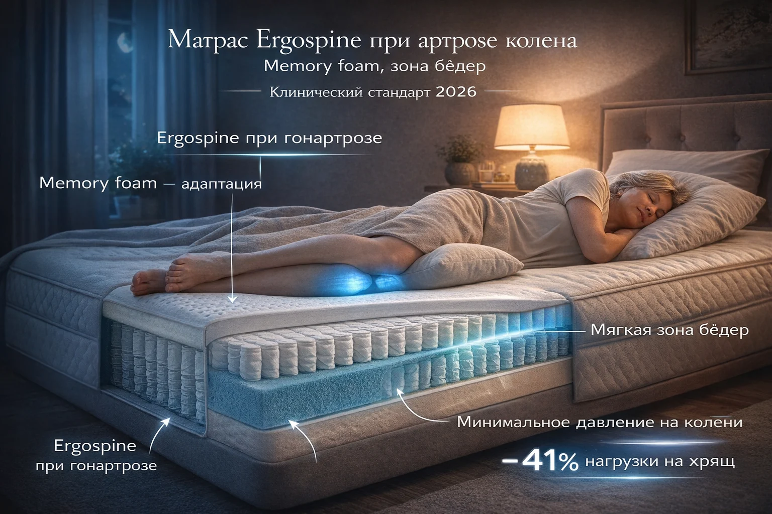 Ergospine при артрозе коленного сустава: memory foam + независимые пружины + подушка под икры Система сна Ergospine при гонартрозе — матрас BACK Stretch, подушка Paris Aqwa под икры