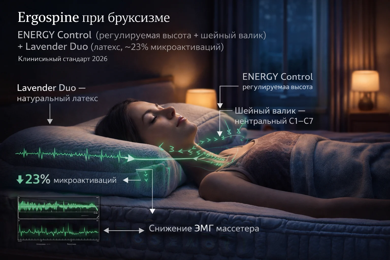 Ergospine при бруксизме: ENERGY Control (регулируемая высота + шейный валик) + Lavender Duo (латекс, −23% микроактиваций) Система сна Ergospine при бруксизме — ENERGY Control с шейным валиком и латексный матрас Lavender Duo