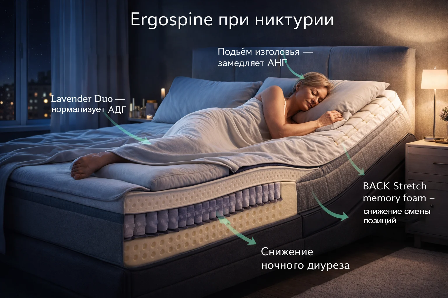 Ergospine при никтурии: Lavender Duo дышащий латекс + BACK Stretch memory foam + подъём изголовья Система сна Ergospine при никтурии — Lavender Duo нормализует АДГ, BACK Stretch снижает ложные позывы, подъём изголовья замедляет АНП