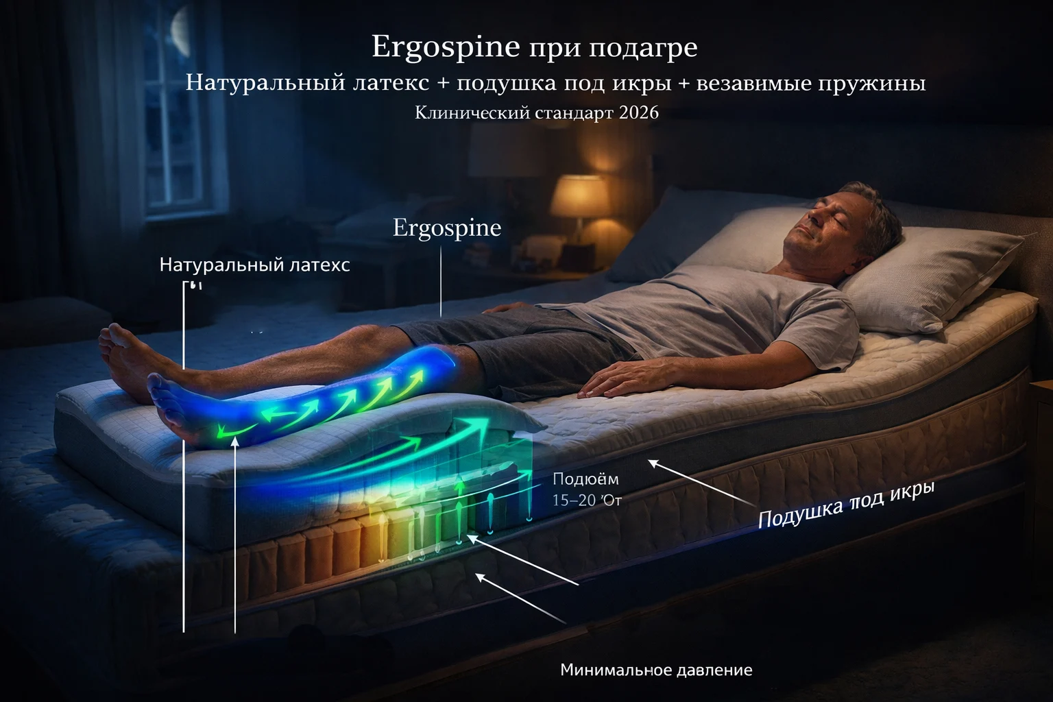 Ergospine при подагре: натуральный латекс + подушка под икры + независимые пружины Система сна Ergospine при подагре — тёплый латексный матрас и подушка под икры для дренажа
