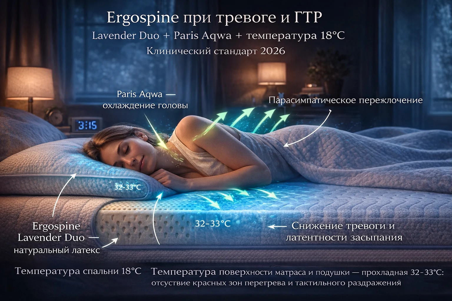 Ergospine при тревоге и ГТР: Lavender Duo + Paris Aqwa + температура 18°C Система сна Ergospine при тревожных расстройствах — дышащий латекс, утяжелённое одеяло, прохладная спальня