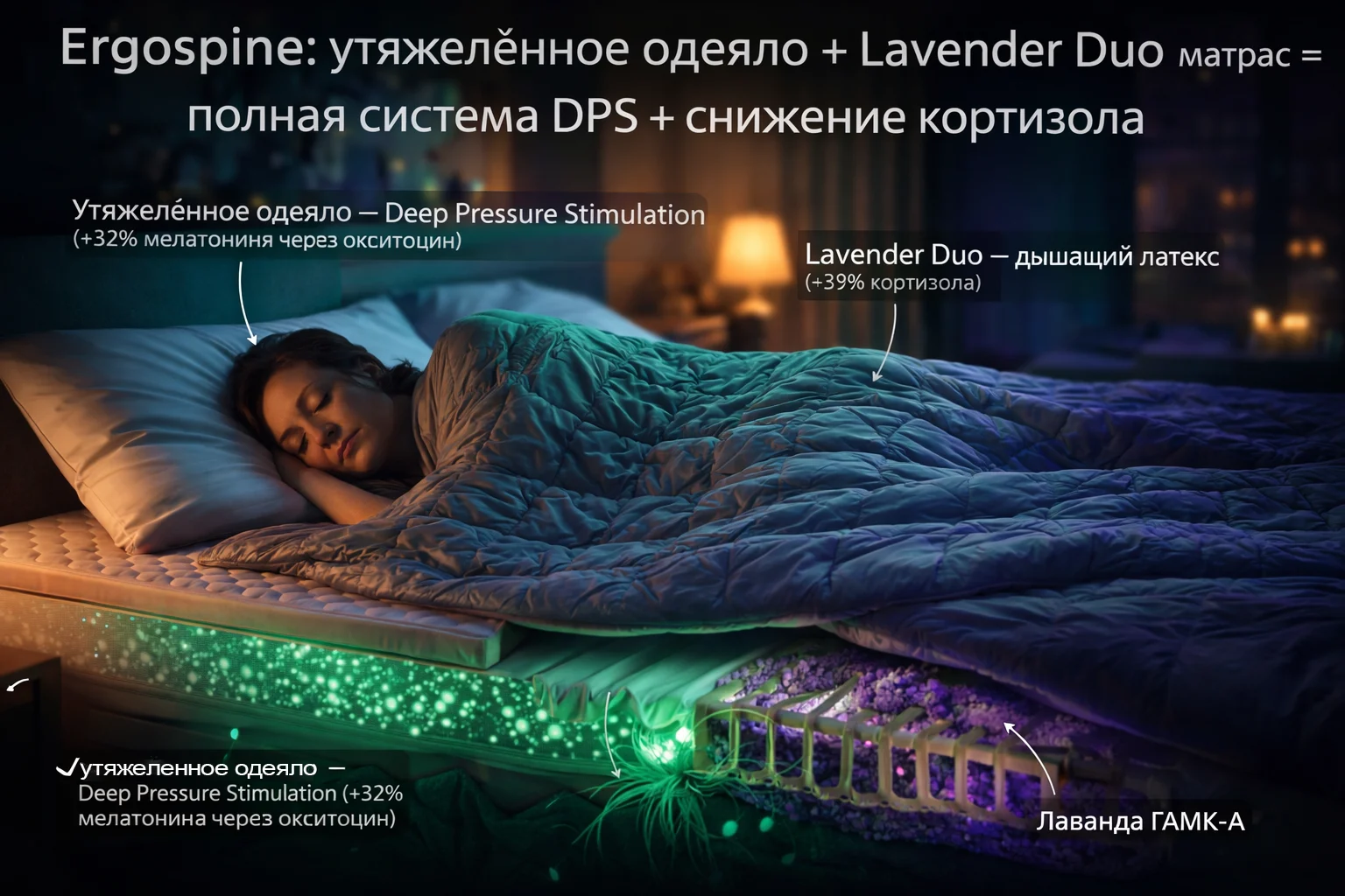 Ergospine: утяжелённое одеяло + Lavender Duo матрас = полная система DPS + снижение кортизола Система сна Ergospine: утяжелённое одеяло (DPS, +32% мелатонин) + матрас Lavender Duo (латекс, −19% кортизол, лаванда ГАМК-А)