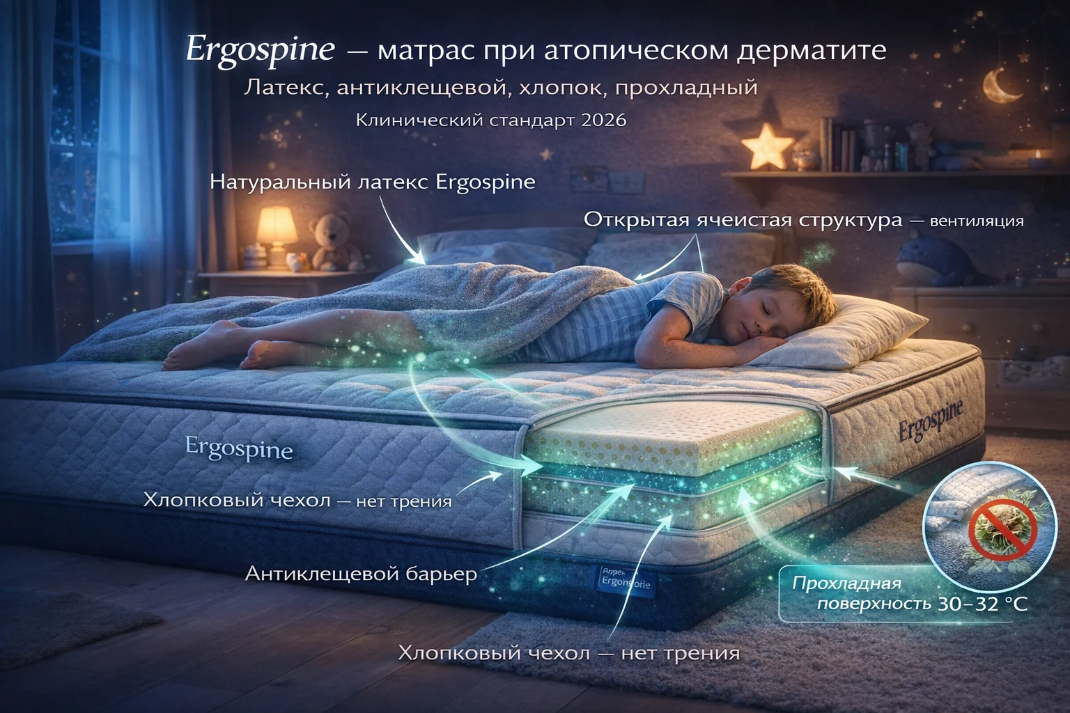 Ergospine — матрас при атопическом дерматите: латекс, антиклещевой, хлопок, прохладный Система сна Ergospine при псориазе и атопическом дерматите — натуральный латекс и гипоаллергенный хлопковый чехол