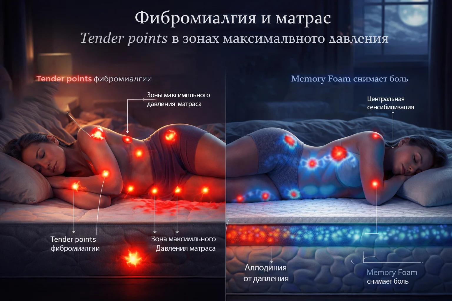 Фибромиалгия и матрас: tender points в зонах максимального давления Tender points при фибромиалгии и зоны давления матраса — совпадение болезненных точек