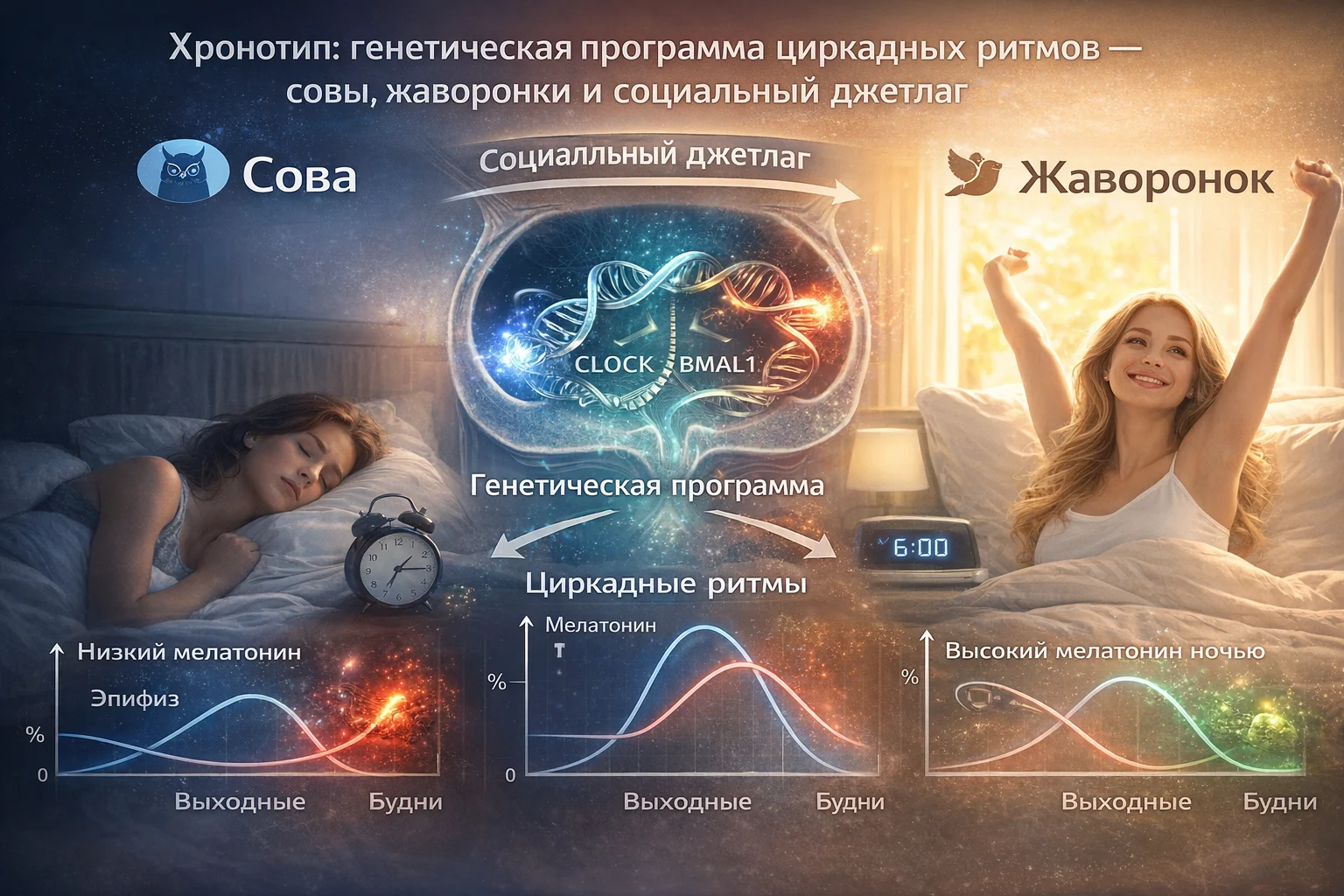 Хронотип: генетическая программа циркадных ритмов — совы, жаворонки и социальный джетлаг Хронотип сова и жаворонок — гены CLOCK и PER, циркадные часы мозга