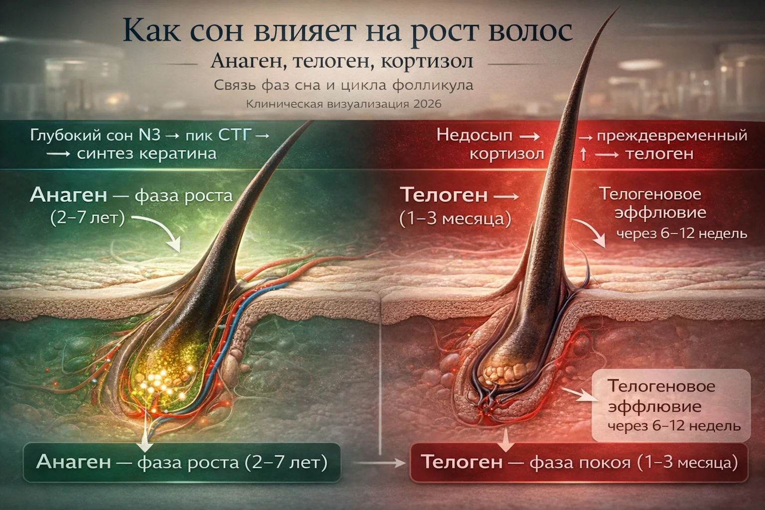Как сон влияет на рост волос: анаген, телоген, кортизол Цикл роста волос и фазы сна — связь анагена с глубоким сном N3