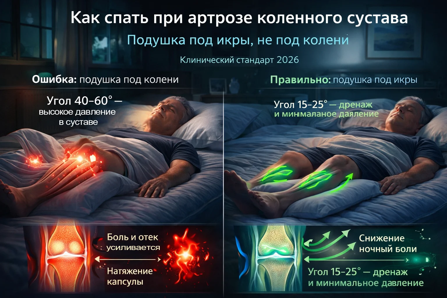Как спать при артрозе коленного сустава: подушка под икры, не под колени Правильная позиция сна при гонартрозе — подушка под икры, угол 15–25°, разделяющая подушка между коленями