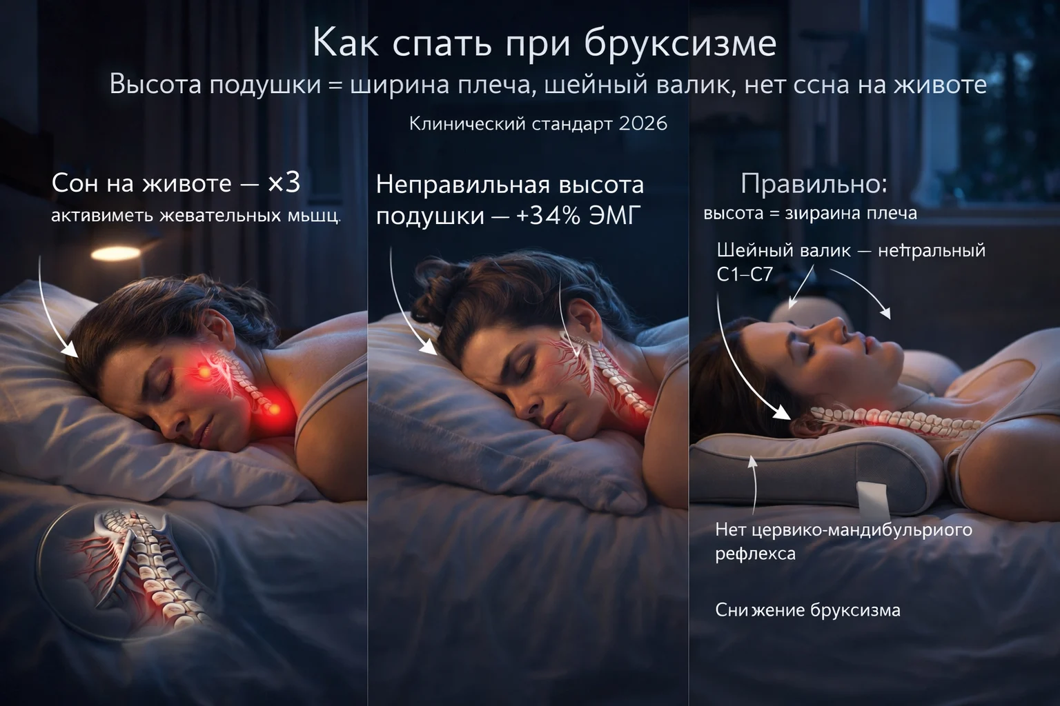 Как спать при бруксизме: высота подушки = ширина плеча, шейный валик, нет сна на животе Правильная высота подушки при бруксизме — нейтральная шея, шейный валик, сон на спине