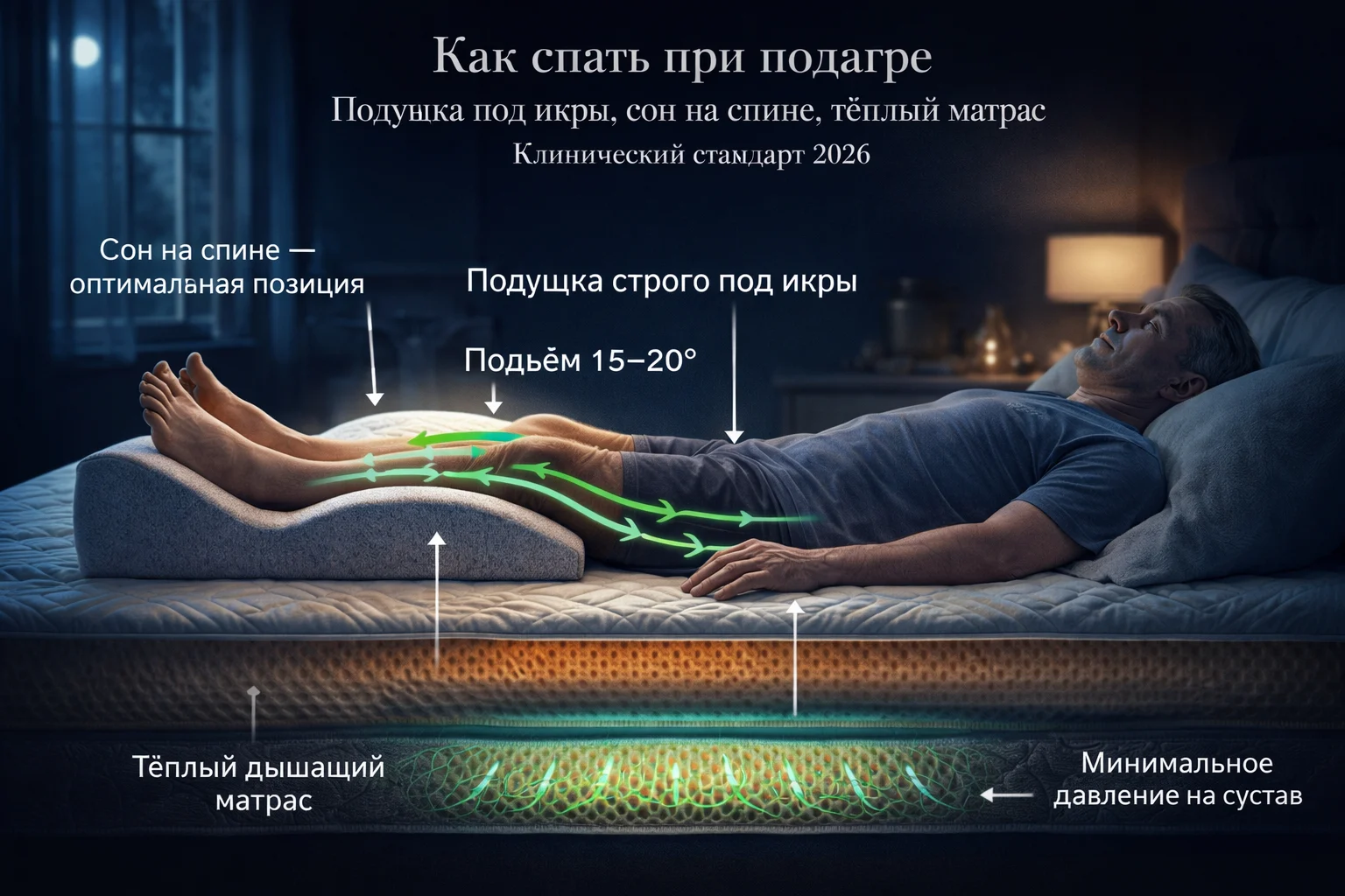 Как спать при подагре: подушка под икры, сон на спине, тёплый матрас Правильная позиция сна при подагре — подушка под икрами, подъём ног 15–20° для дренажа