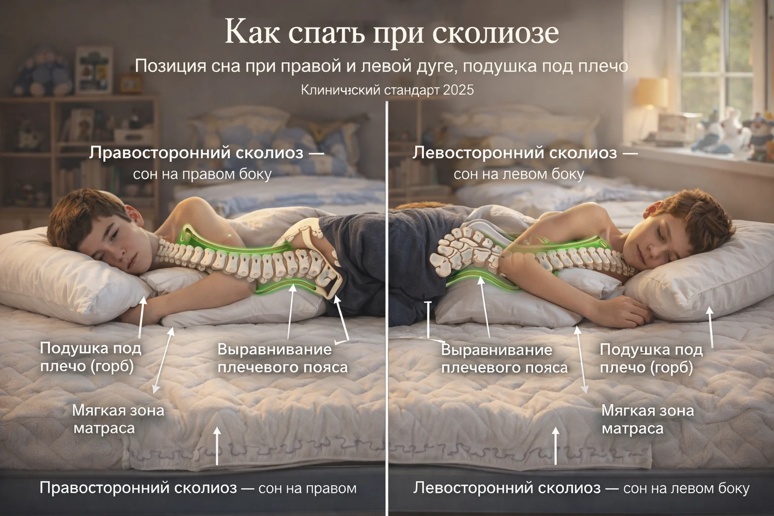 Как спать при сколиозе: позиция сна при правой и левой дуге, подушка под плечо Правильная позиция сна при сколиозе у ребёнка — на спине и на стороне выпуклости дуги