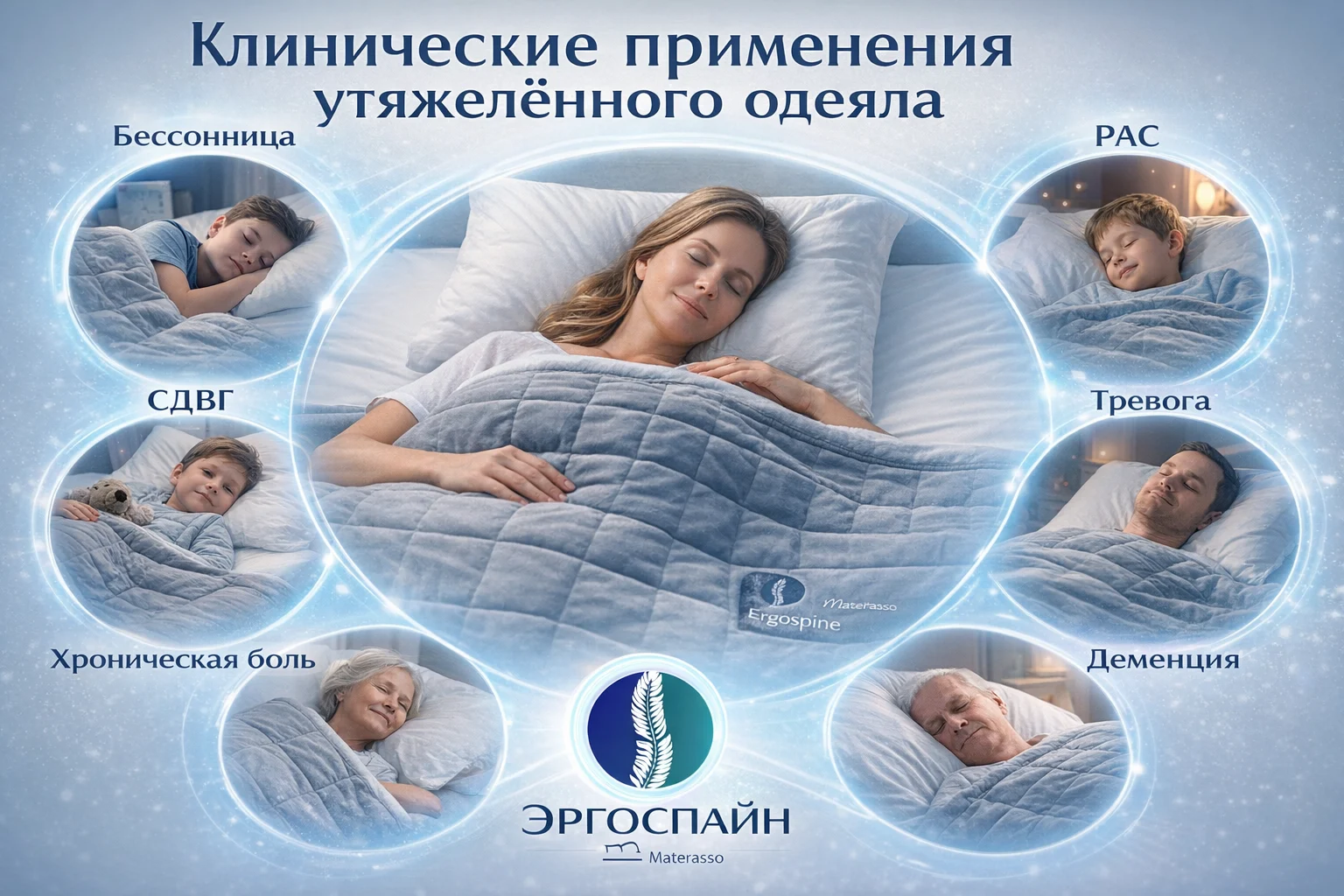 Клинические применения утяжелённого одеяла: бессонница, СДВГ, РАС, тревога, хроническая боль, деменция Утяжелённое одеяло — доказанные клинические применения по данным обзора Front. Psychiatry 2024