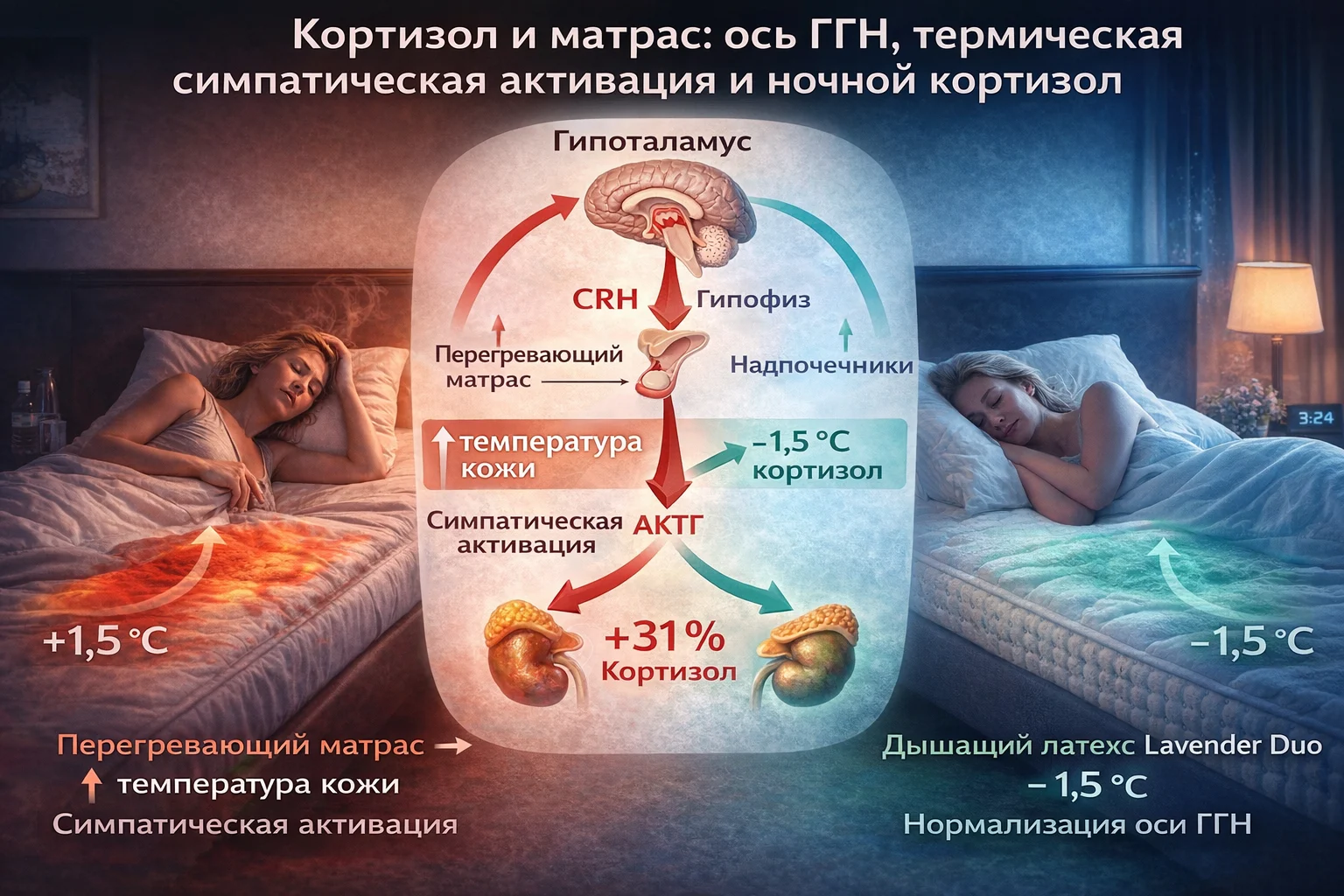 Кортизол и матрас: ось ГГН, термическая симпатическая активация и ночной кортизол Как матрас влияет на ночной кортизол через ось ГГН — перегрев, симпатика, CRH, АКТГ, надпочечники