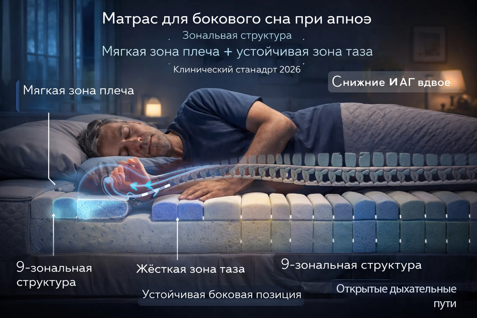 Матрас для бокового сна при апноэ: зональная структура 9-зональный матрас при апноэ — мягкая зона плеч для устойчивого бокового сна при СОАС