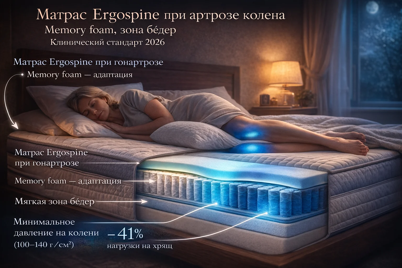 Матрас Ergospine при артрозе колена: memory foam, независимые пружины, зона бёдер Матрас с memory foam при гонартрозе — снижение давления на медиальный компартмент на 41%