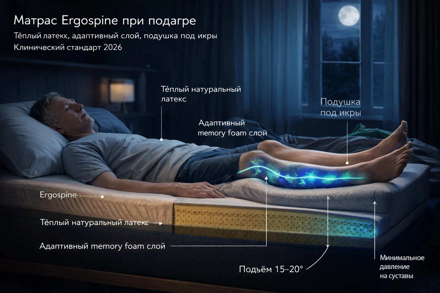 Матрас Ergospine при подагре: тёплый латекс, адаптивный слой, подушка под икры Натуральный латексный матрас при подагре — тёплый, дышащий, мягкая зона ног