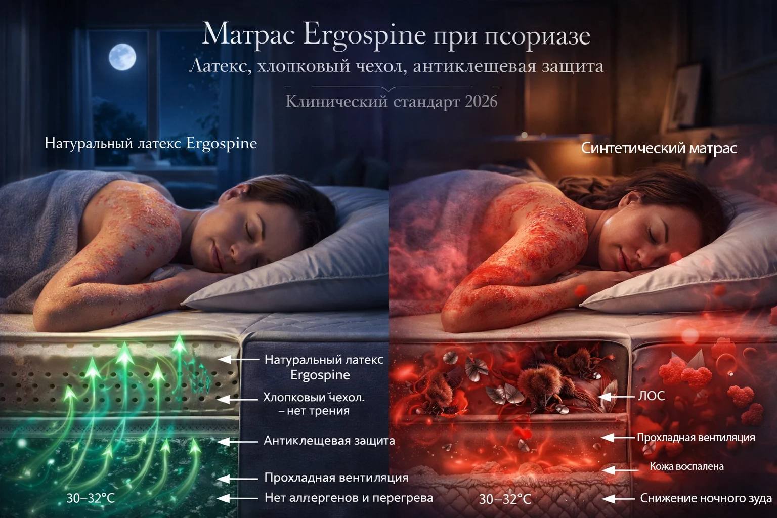 Матрас Ergospine при псориазе: латекс, хлопковый чехол, антиклещевая защита Натуральный латексный матрас при атопическом дерматите — антиаллергенный, дышащий, гипоаллергенный