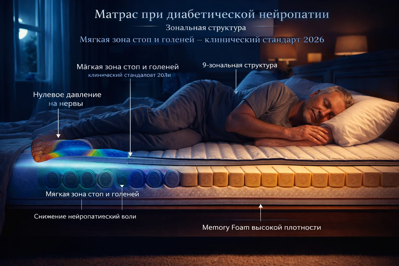 Матрас при диабетической нейропатии — зональная структура 9-зональный матрас при диабете — независимая защита зоны стоп и голеней от давления