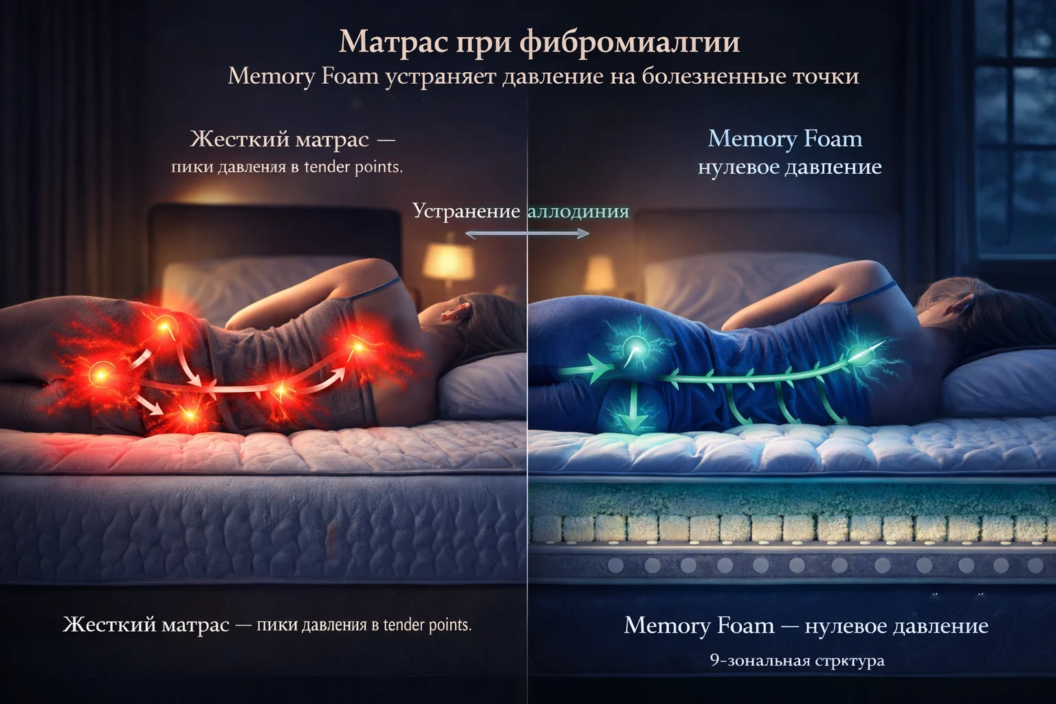 Матрас при фибромиалгии: memory foam устраняет давление на болезненные точки Memory foam матрас при фибромиалгии — нулевое давление на tender points и аллодиния