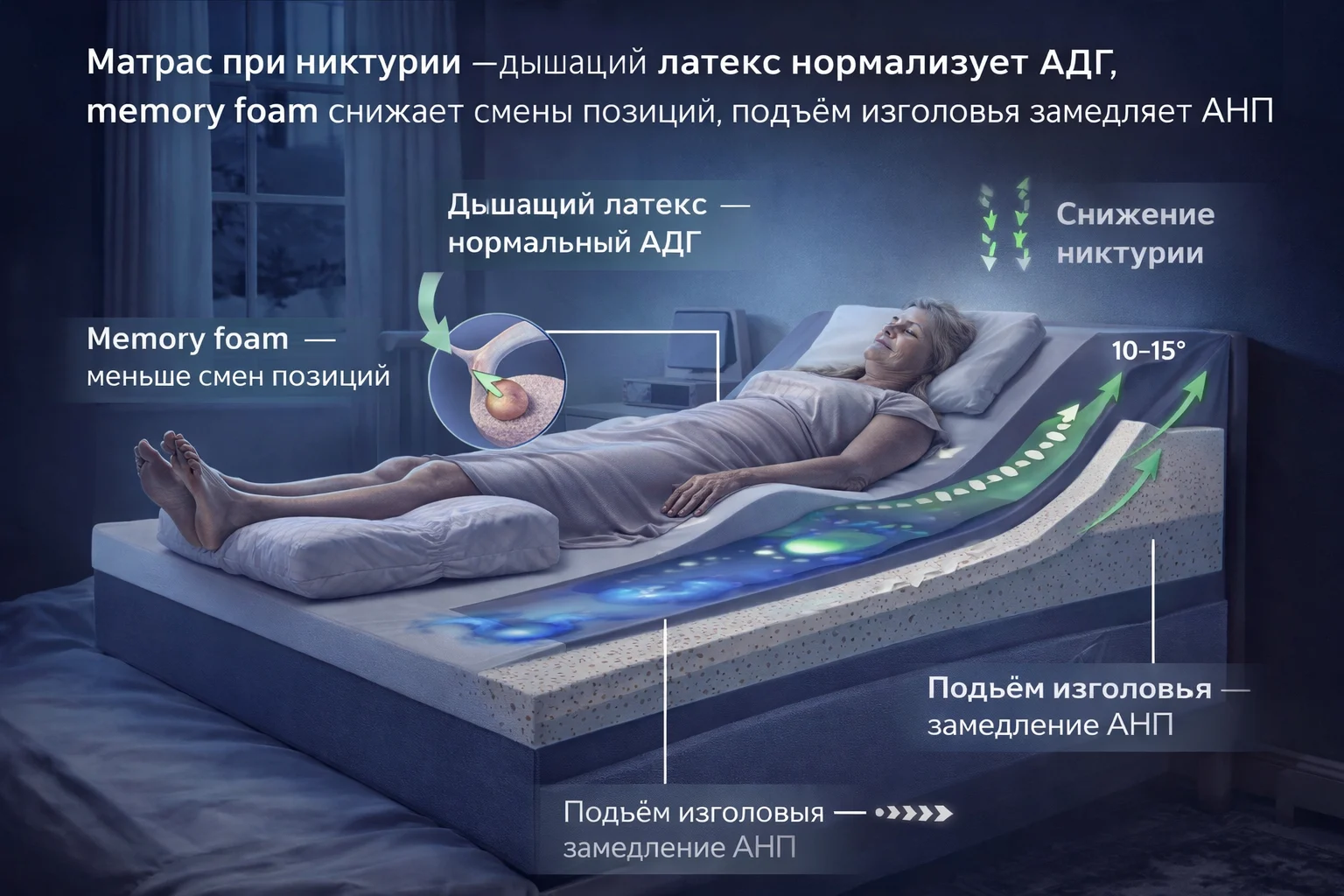Правильный матрас при никтурии: дышащий латекс, memory foam, подъём изголовья Матрас при никтурии — дышащий латекс нормализует АДГ, memory foam снижает смены позиций, подъём изголовья замедляет АНП