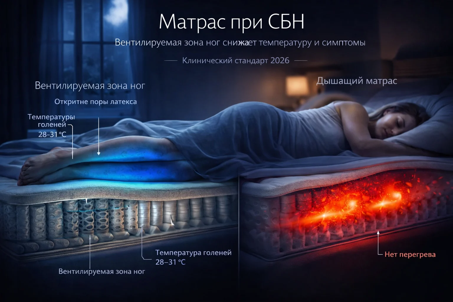 Матрас при СБН: вентилируемая зона ног снижает температуру и симптомы Матрас с дышащей зоной ног при синдроме беспокойных ног — латекс и вентиляция голеней