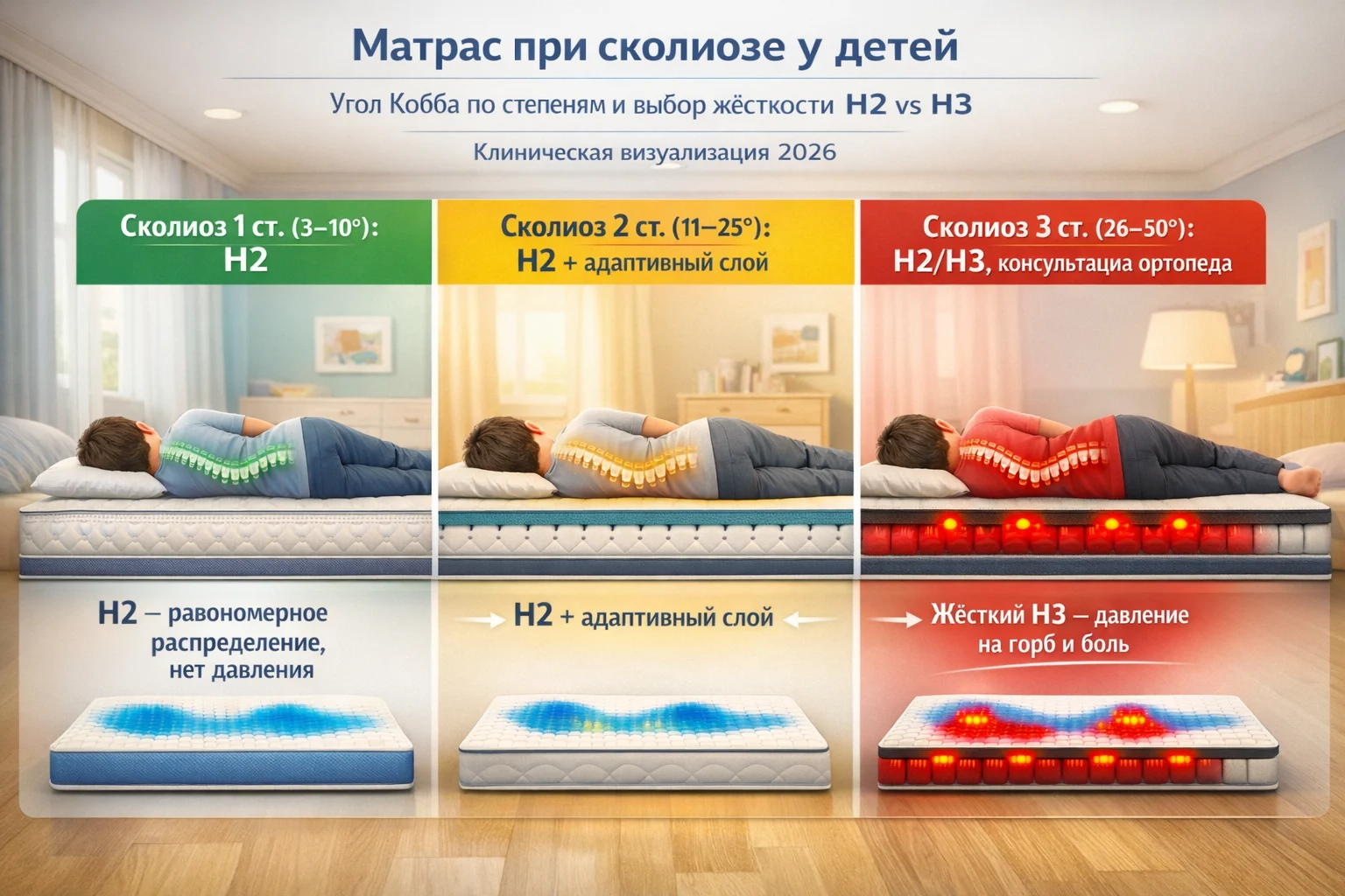 Матрас при сколиозе у детей: угол Кобба по степеням и выбор жёсткости H2 vs H3 Сколиоз у ребёнка и матрас — угол Кобба, асимметричная нагрузка, правильная жёсткость