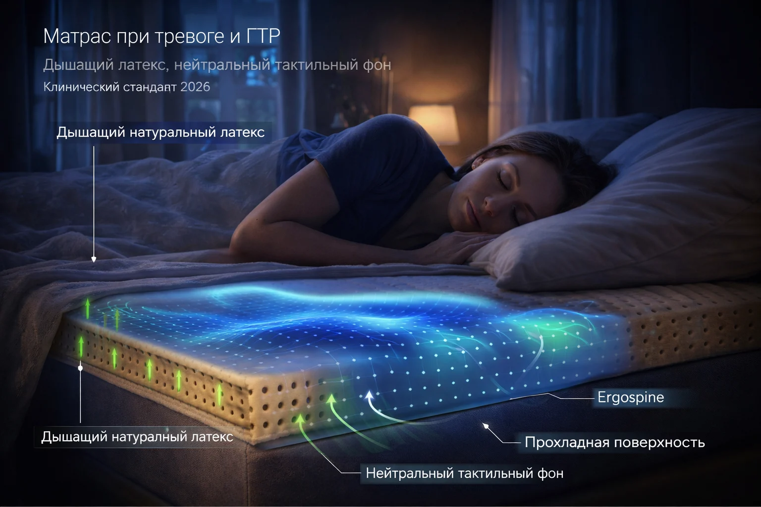Матрас при тревоге и ГТР: дышащий латекс, нейтральный тактильный фон, независимые пружины Дышащий матрас при тревожных расстройствах — латекс, независимые пружины, хлопковый чехол