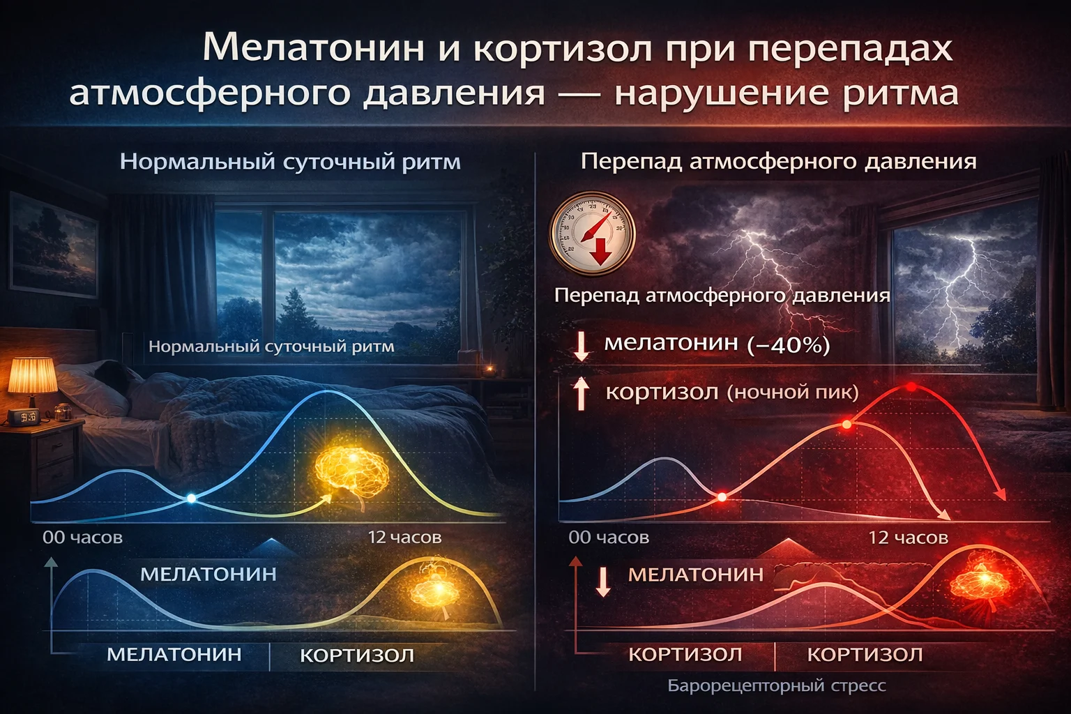 Барическая ночь: как перепад давления сдвигает пик кортизола и снижает мелатонин Мелатонин и кортизол при перепадах атмосферного давления — нарушение ритма