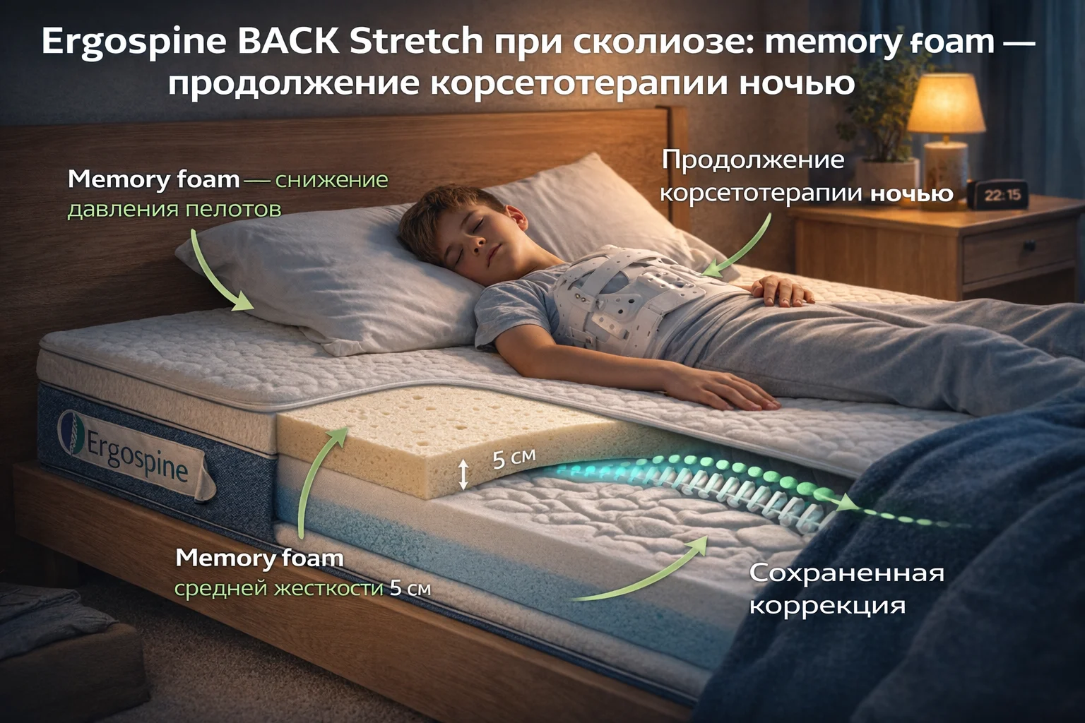 Memory foam при сколиозе с корсетом Шено: конформная поддержка и терморегуляция Memory foam снижает давление пелотов корсета Шено и отводит тепло ночью