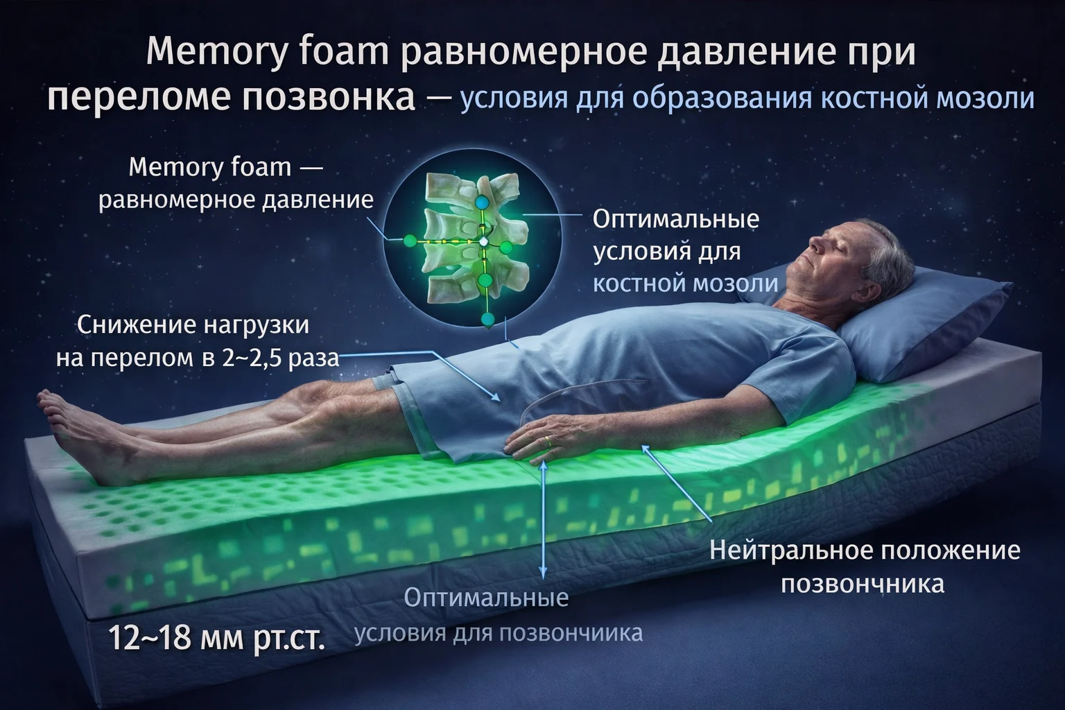 Memory foam при компрессионном переломе позвонка: равномерная нагрузка и образование костной мозоли Memory foam равномерное давление при переломе позвонка — условия для образования костной мозоли