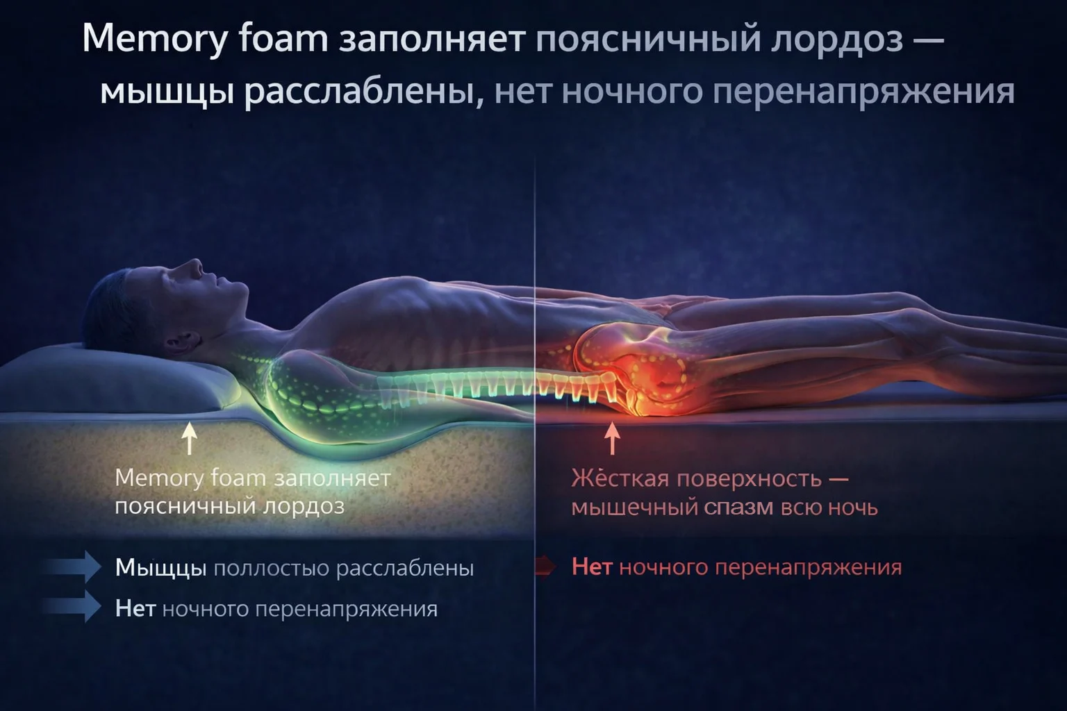 Memory foam и поясничный лордоз: правильная поддержка ночью Memory foam заполняет поясничный лордоз — мышцы расслаблены, нет ночного перенапряжения