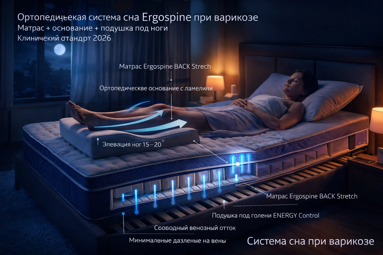 Ergospine — система сна для улучшения венозного оттока Ортопедическая система сна Ergospine при варикозе — матрас, основание, подушка под ноги
