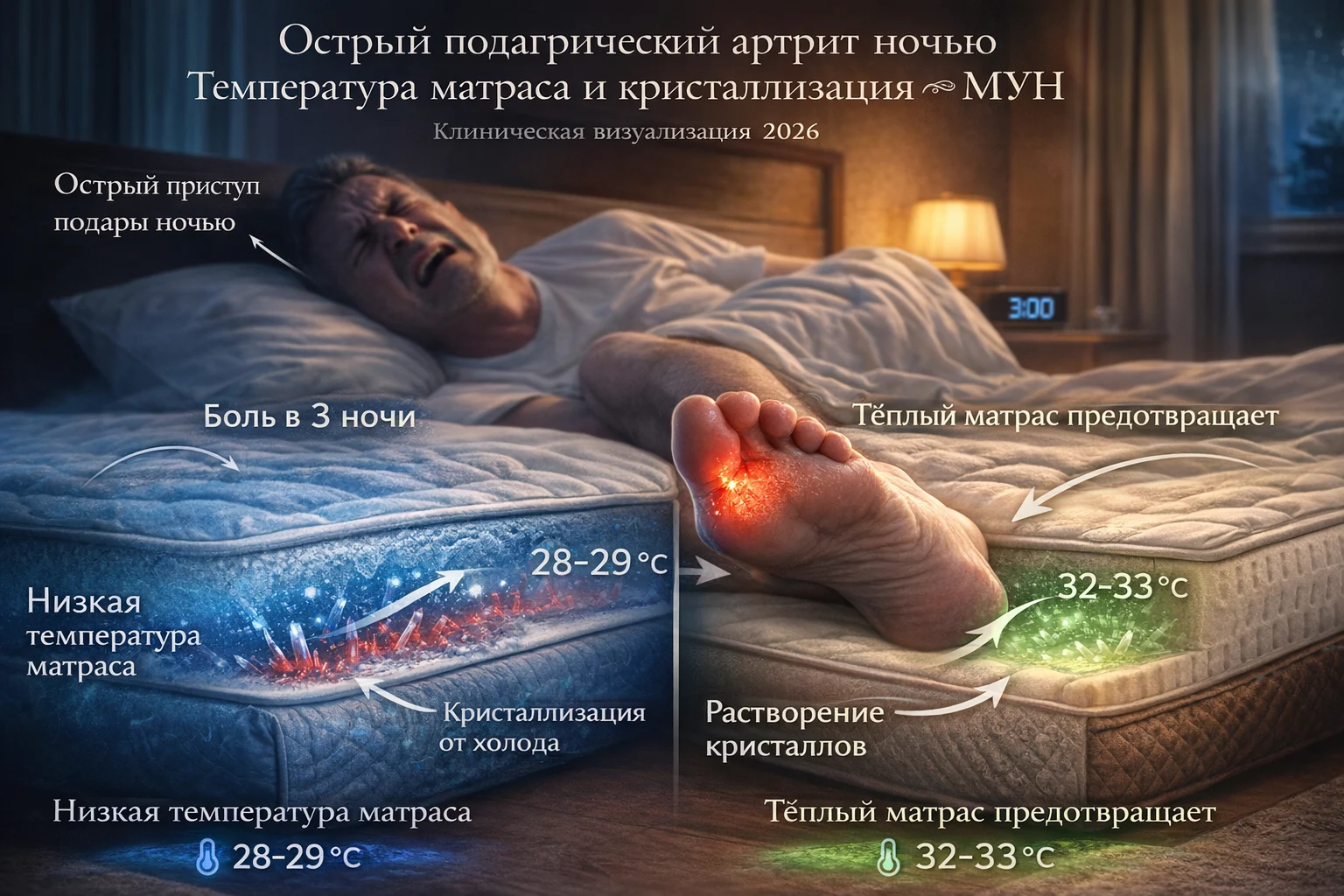 Острый подагрический артрит ночью: температура матраса и кристаллизация МУН Подагра ночью — кристаллизация урата натрия при охлаждении сустава на матрасе