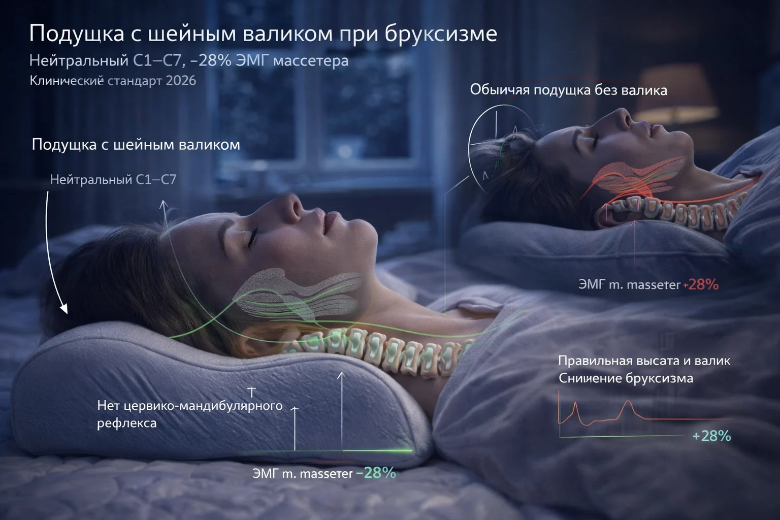Ergospine ENERGY Control при бруксизме: шейный валик, регулируемая высота, нейтральная шея Подушка с шейным валиком при бруксизме — нейтральный C1-C7, −28% ЭМГ массетера