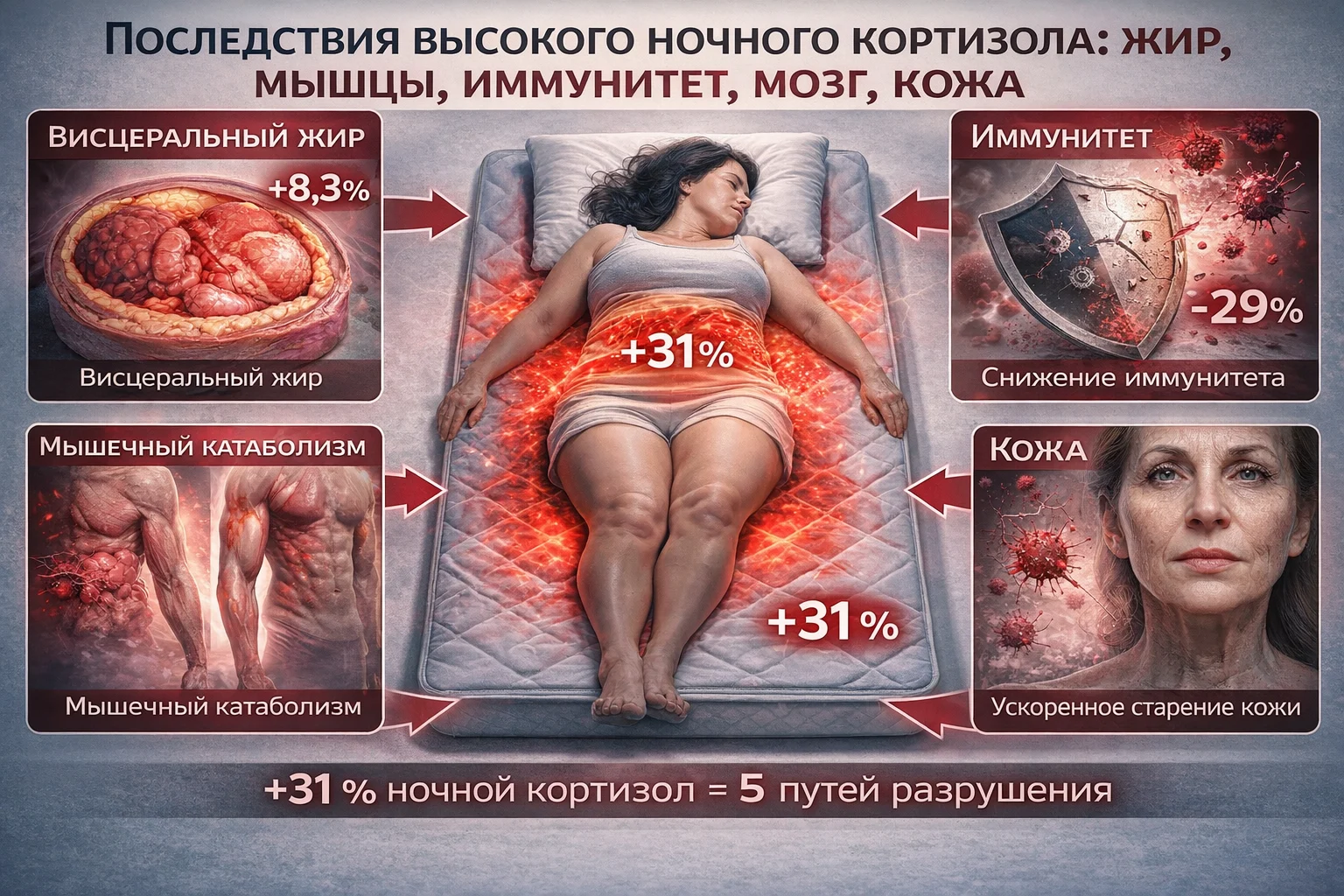 Последствия высокого ночного кортизола: жир, мышцы, иммунитет, мозг, кожа Что делает высокий ночной кортизол с телом — 5 механизмов разрушения через матрас