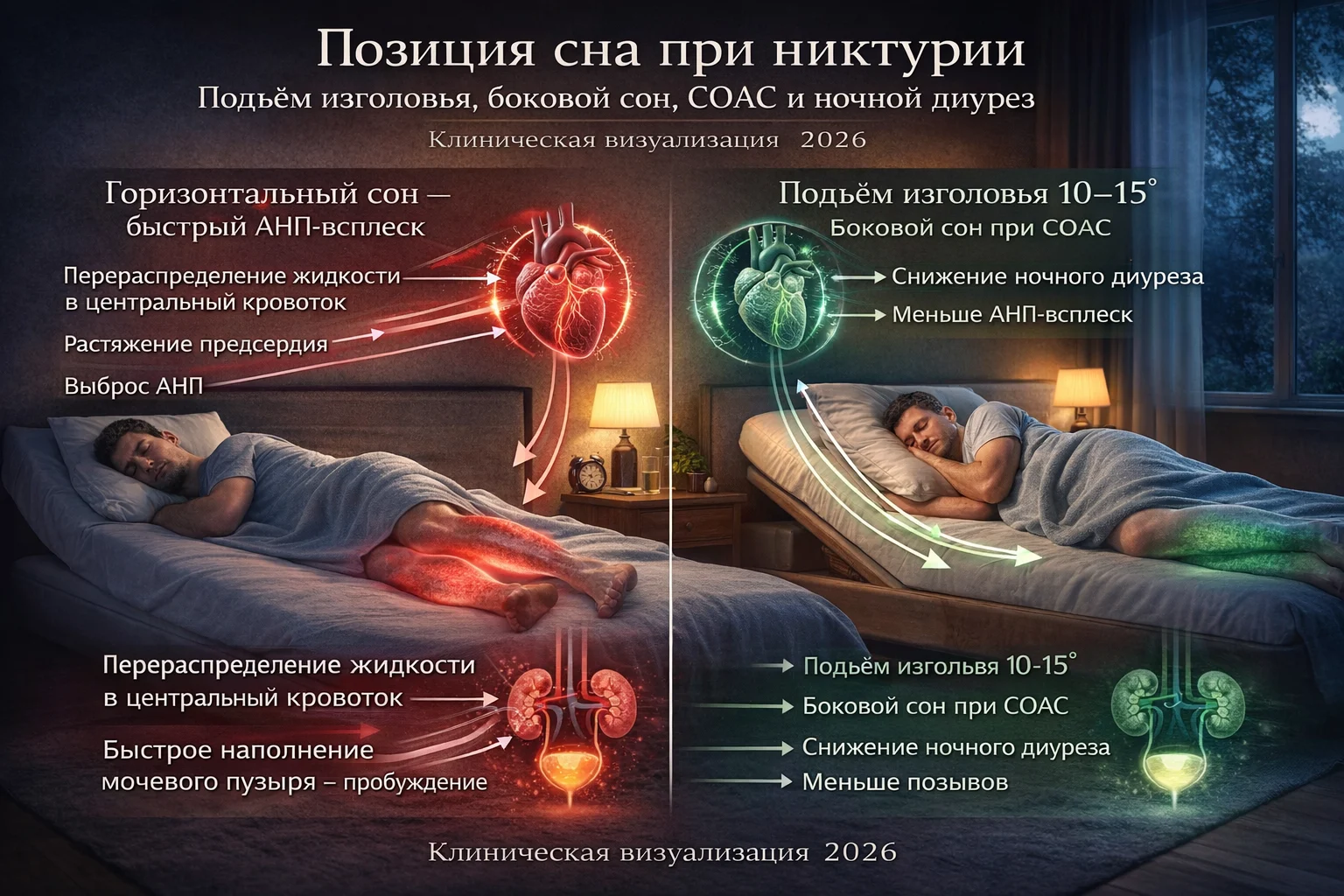 Позиция сна при никтурии: подъём изголовья, боковой сон, СОАС и ночной диурез Как позиция сна влияет на никтурию — подъём изголовья, боковой сон при СОАС, снижение АНП