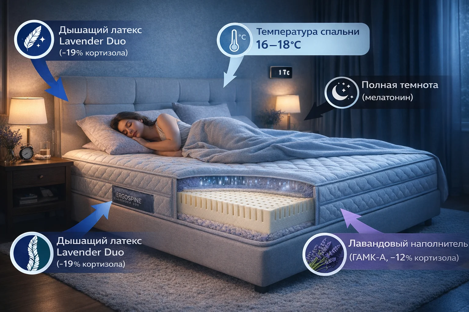 Правила снижения ночного кортизола через постель: дышащий матрас, прохлада, темнота, лаванда Как снизить ночной кортизол через постель — дышащий матрас, температура спальни, темнота, лавандовый наполнитель