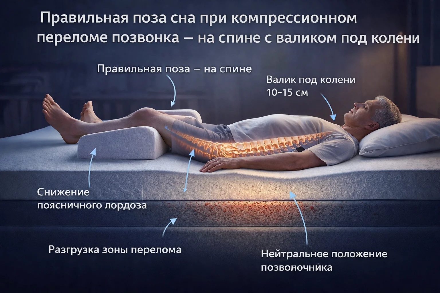 Поза сна при компрессионном переломе позвонка: на спине, валик под колени, нейтральный позвоночник Правильная поза сна при компрессионном переломе позвонка — на спине с валиком под колени