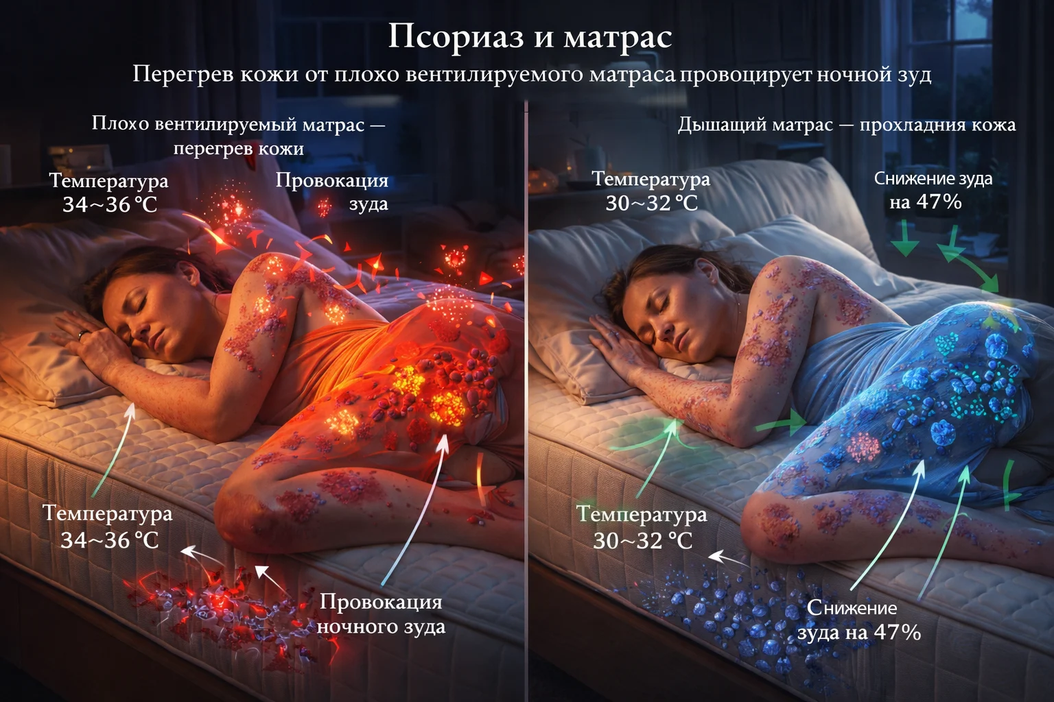 Псориаз и матрас: перегрев кожи от плохо вентилируемого матраса провоцирует ночной зуд Матрас при псориазе и атопическом дерматите — температура кожи и ночной зуд