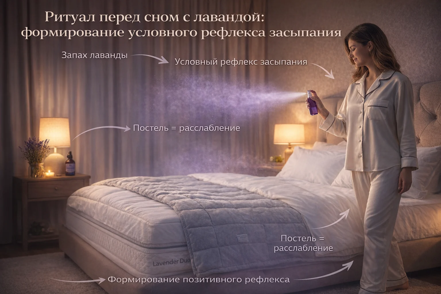 Ритуал перед сном с лавандой: формирование условного рефлекса засыпания Ритуал перед сном — мист с лавандой на постельное бельё